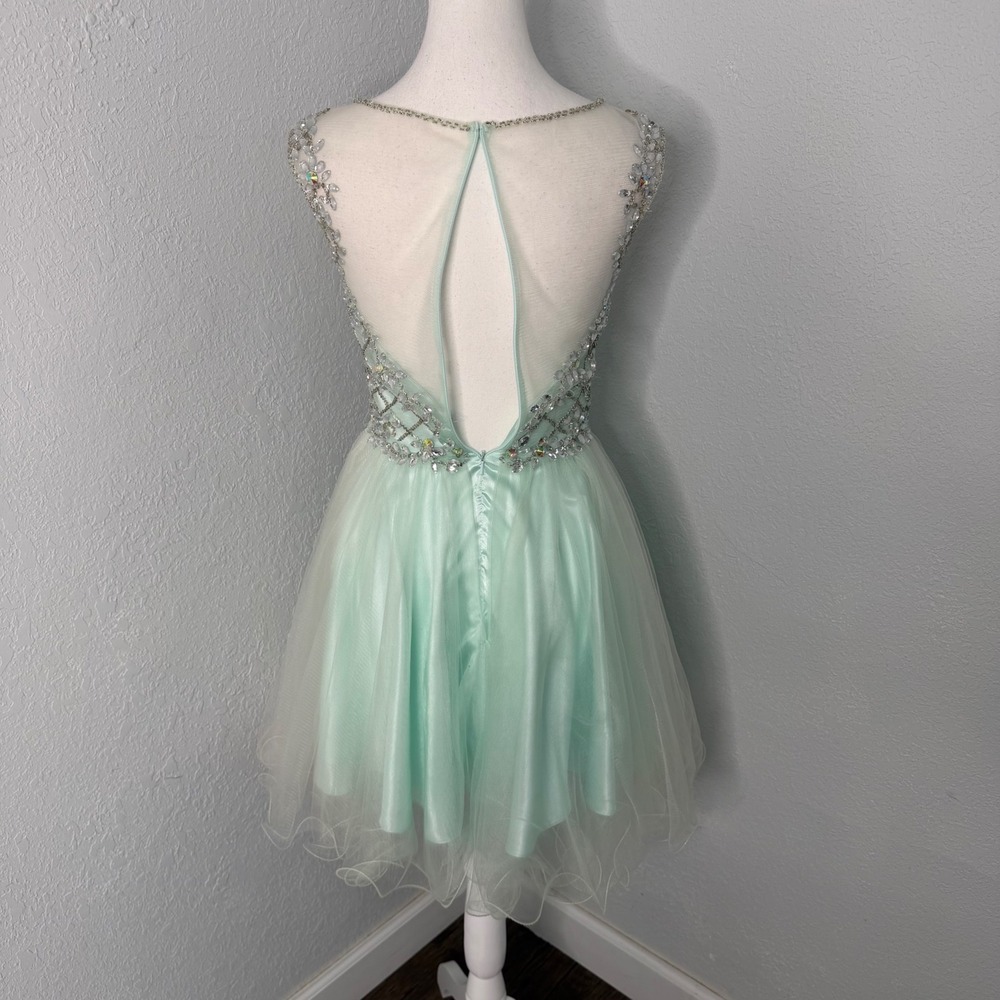 Clarisse Mint Beaded Homecoming Dress Size 2 Illusion Neck Rhinestone Fit Flare - Picture 7 of 14